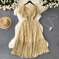 Summer gentle wind chiffon print dress sweet V-neck high waist slim floral dress A-word dress