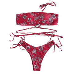 Women Flower Print Tube Top Two Pieces Bikini Set Swimwear Swimsuit Beachwear Beach Bikini 2021 Woman Front Up Tie