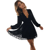 Mini Dress European Beauty New Short Skirt V Neck Sexy Fashion Long Sleeve Dress