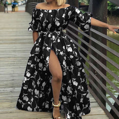 Celmia Ms. Bohemian holiday style floral print dress European and American fashion temperament elegant one-shoulder lantern sleeve waist big skirt daily summer plus size trend seaside dating slit long skirt