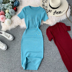 Sexy Dress Women Solid Bodycon Short Sleeve Summer Mini Dresses O-neck Knitting Stretch Retro High Waist Vestido