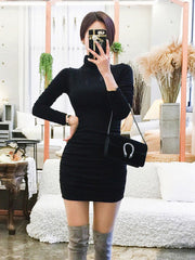 Korean Women Dress Temperament Casual Basic Simple Long Sleeve Folds Bodycon Skinny Slim Mini Party Club Stretchy Mujer Vestidos