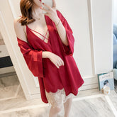 Spring and summer women's silk and lace suspenders nightdress, nightgown, ice silk bathrobe, home pajamas set