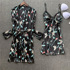 طقم بيجاما ساتان مكون من قطعتين فستان نوم وثوب نوم مثير بيجامة زهري ملابس نوم للنساء ملابس صالة ملابس نوم ملابس نوم مع وسادة صدر