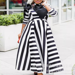 Striped wrap chest temperament commuter bow long skirt black high waist dress