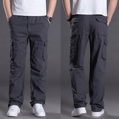 New men's adjustable adjustable pants, men's pants, loose casual trousers, outdoor hiking adventure overalls, large pockets, pure cotton.