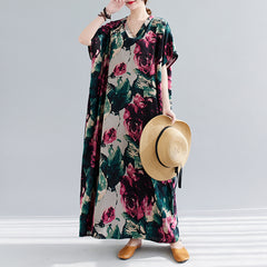 2023 women's summer new cotton and linen dress with large flowers stitching V-neck cotton and linen comfortable robe plus size dress