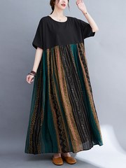 Real shot new color-blocking retro literary and art large-size catty long skirt loose meat-covering cotton and linen long skirt