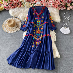 Vintage Fashion Women Flower Embroidery Beach Boho Mini Skirt Women Short Sleeve V Neck Cotton Linen Boho Dress Tank Top 3f16