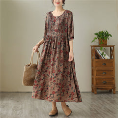 Women's pastoral style lace-up waist collection slimming dress five-point sleeve crew neck elegant organ pleats flowing  beautiful skirt summer