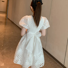 PAR Lace Bridesmaid water soluble lace puff sleeve waist dress