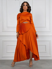 Orange satin elegant waist pleated dress