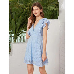 v-neck dress with empty lotus leaf sleeves mid-length waist slim women's