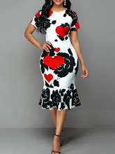 5XL Elegant Sexy Formal Bodycon Dress Printed Ruffles Women O Neck Short Sleeve Dress Evening Party Dress Women Summer Dresses