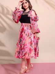 Red Chiffon Print Paneled Waist Dress