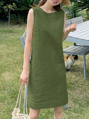 ZANZEA Women Elegant Dresses Solid O-Neck Sleeveless Knee Length Dress Fashion Holiday Casual Loose Ladies Vestido Plus Size