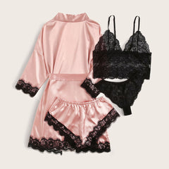 Women's Pajamas 4pcs Floral Lace Satin Pajama Set Nightgown Sexy Silk Pajamas Nightgown Set Casual Homewear Pajamas
