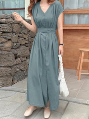 ZANZEA فساتين أنيقة للنساء سادة رقبة على شكل حرف v وأكمام قصيرة وتصميم مطوي فستان طويل موضة العطلات كاجوال فضفاض للسيدات فيستدو مقاس كبير