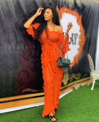 European and American dress African women's sexy V-neck pleated ruffle pearl chiffon loose and elegant