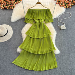 Summer one-word collar off-the-shoulder sweet ruffled temperament cake dress seaside vacation beach skirt elegant long skirt