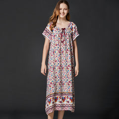 New Nightdress Women Viscose Short Sleeve Floral Nightgown Elastic Collar Long Dressing Gown Summer Sleepdress Casual Homewear