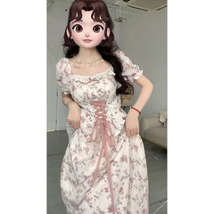 Women's clothing 2023 summer new French style sweet floral high waist slimming chiffon embroidery mid-length dress