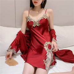 2PCS Pajamas Set Womens Long Sleeve Nighty Robe V-Neck Sleep Wear Pijama Home Nightie Sexy Bathrobe Gown Suit vest with Chest Pad Silk Slip Nightdress