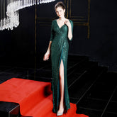 Hot selling new banquet temperament elegant long long sleeve sequins annual meeting aura queen fishtail dress