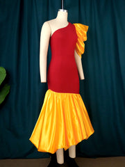 AOMEI Sexy One Shoulder Dresses Patchwork Color Block Women Evening Red Orange Robes Fashion Birthday Prom Bodycon Ruffle Gowns