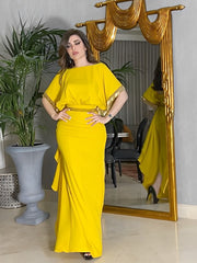 Yellow Knit Elegant Wrap Hip Bead Tube Fringe Dress