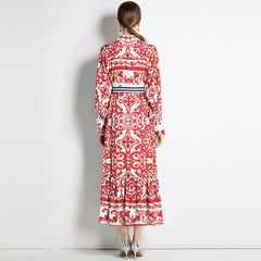 فستان طويل بطباعة هندسية بوهو، صدر واحد، وياقة واقفة صغيرة