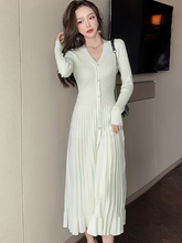 Fashion Korean Vintage V-Neck Single-breasted Long Sleeve Elasticity Midi Dress Women Casual Bodycon Skinny Knitted Ruffle Dress