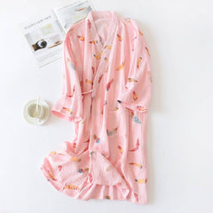 Summer Dressing Gown Women Bathrobe Women Robe Femme Women's Lady Gauze Cotton Print Sleepwear Satin Nightwear Lingerie