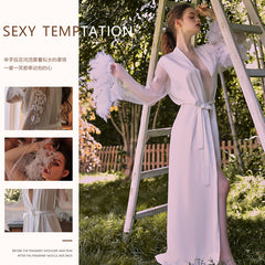 silk stitching net yarn feather cuffs lace long nightgown home service 1000