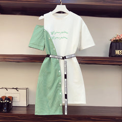 فستان نسائي صيفي لعام 2023 بأكتاف باردة وطباعة حروف فستان غير منتظم ملابس خروج غير رسمية بخياطة مخططة فستان قميص متوسط الجزء 4*10