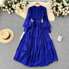 French elegant and simple solid color V-neck single-breasted chiffon dress