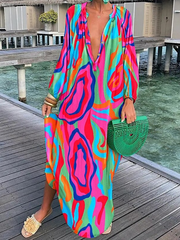 Southeast Asia plus size dress new bohemian long-sleeved skirt button loose big V women's clothing