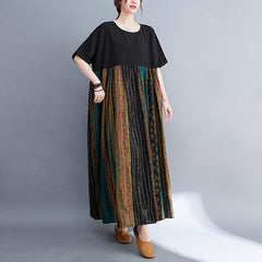 Real shot new color-blocking retro literary and art large-size catty long skirt loose meat-covering cotton and linen long skirt