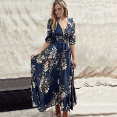 Long Sleeve Women's Printed Summer Beach Chiffon Dress Boho Long Sleeve Vintage Holiday Party Dress