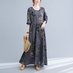 Women's printed dress fat mm plus size women's clothing daily casual home high waist stitching long sleeve round neck long belly cover up skirt