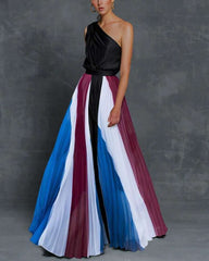 Contrasting color stitching off-the-shoulder print long skirt dress