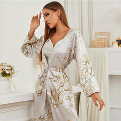 New Female Robe Gown Sets Print Nighty Wear Sleeping Pijamas Intimate Nightwear Sling Lingerie Nightdress Gown 2 Piece Set Bathrobe Kimono