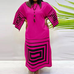 VONDA ladies European and American black big size hit color retro geometric print dress lady temperament elegant simple casual round neck long-sleeved trumpet sleeves A-line skirt large skirt daily spring and autumn fashion trend long skirt