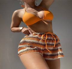 New Striped Knit Shorts Sports Triangular Bag Three-piece Swimsuit Set