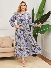 Plus Size Women's Elegant Fashion Round Neck Lantern Sleeve Stitching Print Dress Long Dress
