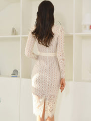 Korean Style Elegant Office Dresses For Women 2022 V-Neck Lace Embroidery Bodycon Midi Slit Package Hip Female Dress Vestidos