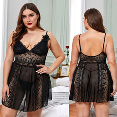 CyiExi Plus Size Sexy Lace Sleepwear Night Dress Women Out V-neck Sleeveless Dress + Thong Female Nightwear Nightgown Set