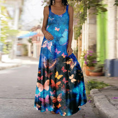 Vintage Summer Butterfly Print Dress Women Super Oversized Boho Clothes Beach Sleeveless Long Dress Casual 5XL Plus Size Dresses