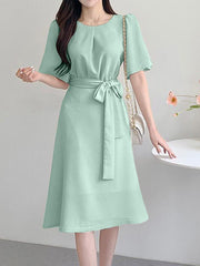 ZANZEA Women Elegant Dresses Solid O-Neck Short Sleeve Mid-Calf Length Dress Fashion Holiday Casual Loose Ladies Vestido Plus Size