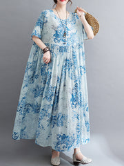 Mori girl pastoral style summer new literary large size women's clothing light and comfortable cotton and linen printed short-sleeved dress female